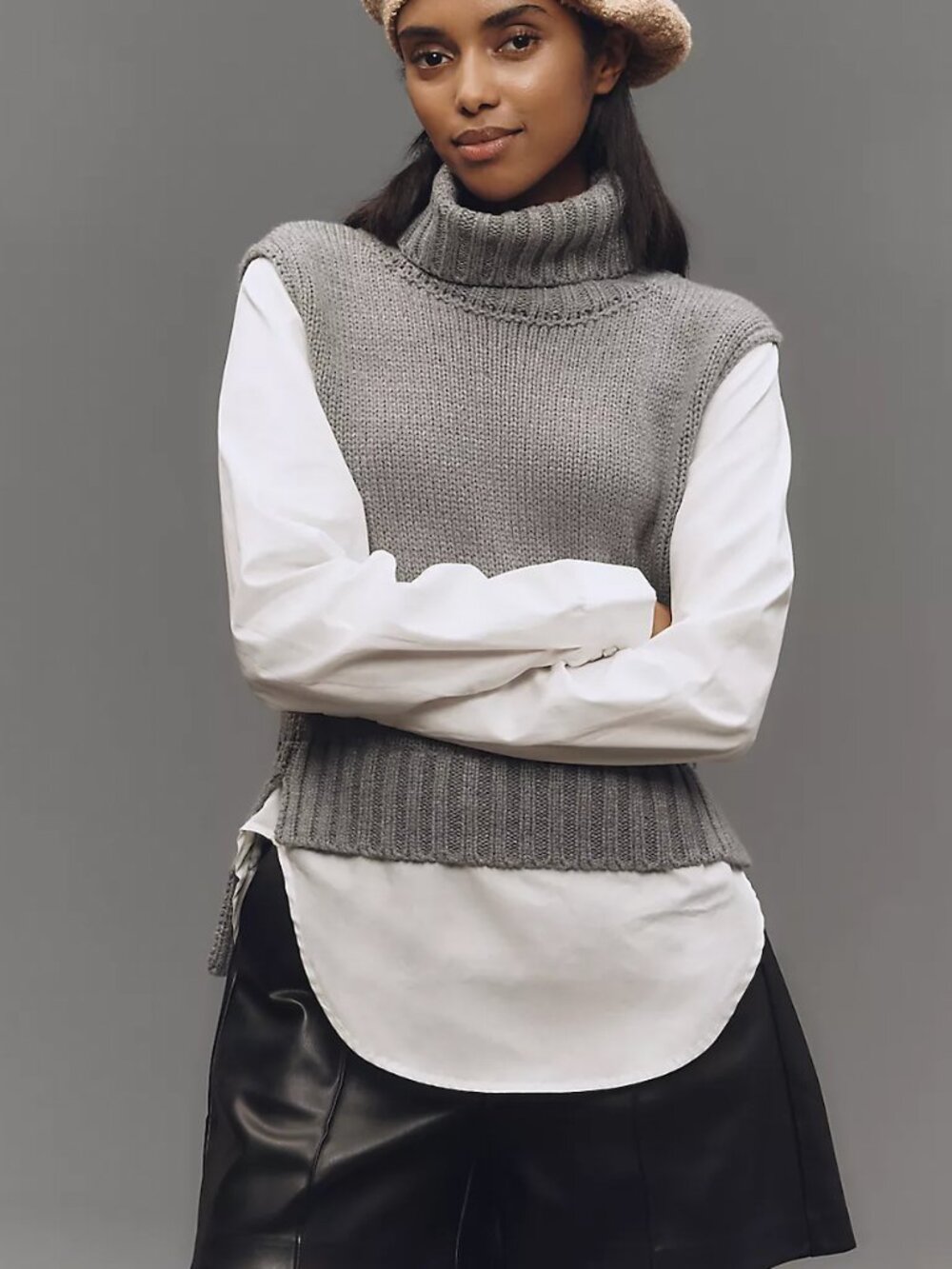 Pilcro Anthropologie Twofer Turtleneck Sweater Sz M Gray Preppy Office Academic